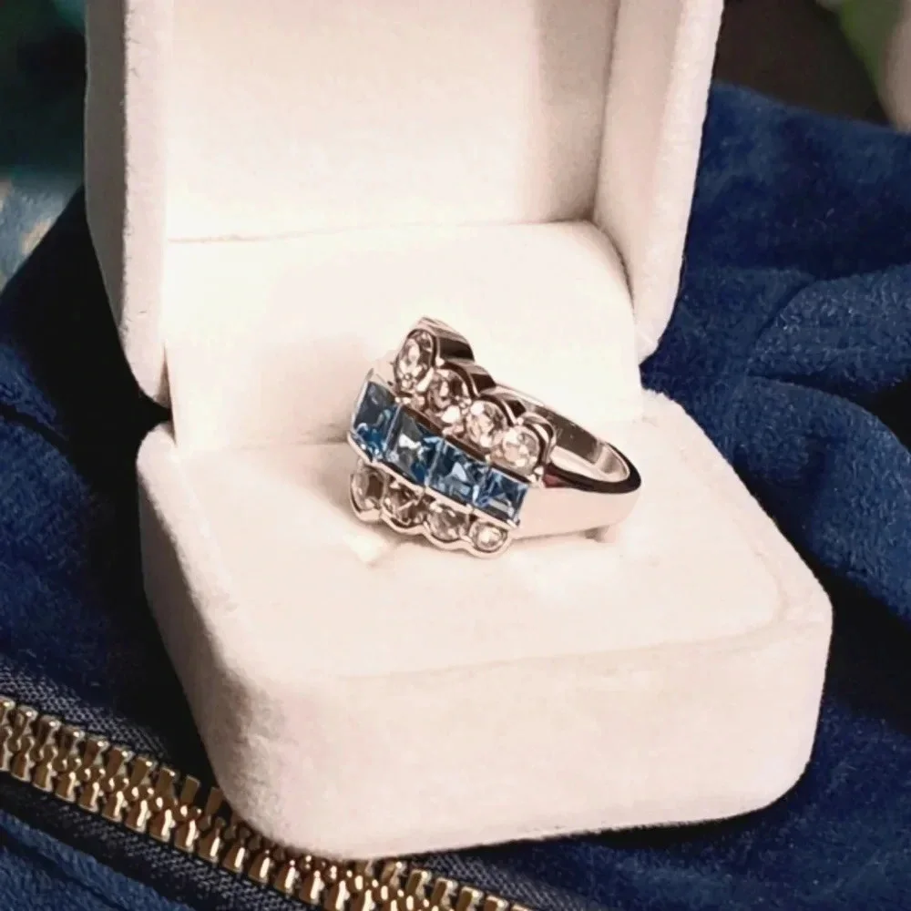 Natural Swiss Blue Topaz & White Topaz Art Deco Style Ring.
